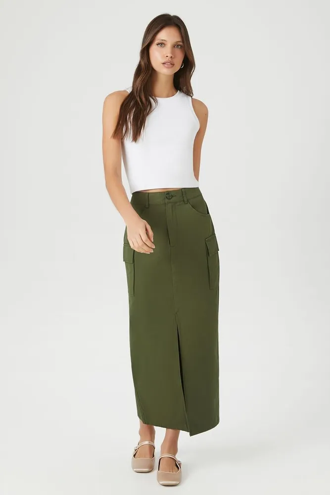 Women's Twill Cargo Maxi Skirt in Olive Medium