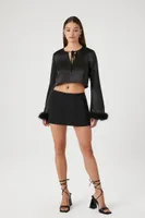 Women's Satin Feather Crop Top in Black Small