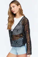 Women's Floral Crochet Tie-Front Jacket in Black Small