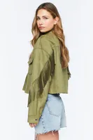 Women's Faux Suede Fringe Trucker Jacket in Olive, XS