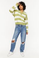 Women's Striped Collared Sweater in Green/Cream Small