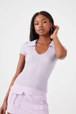 Women's Sweater-Knit Split-Neck Top in Lavender Small