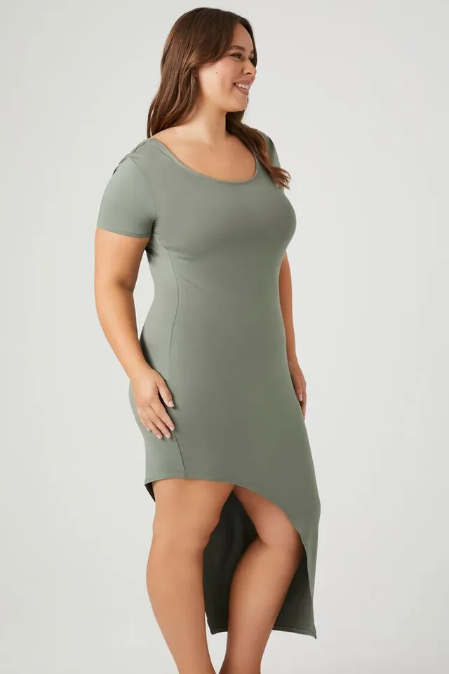 Forever 21 Women's Asymmetrical Midi T-Shirt Dress in Light Olive, 1X