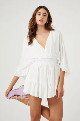 Women's Plunging Ruffle-Trim Romper in White Small