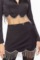 Women's Satin Rhinestone Fringe Mini Skirt in Black, XS