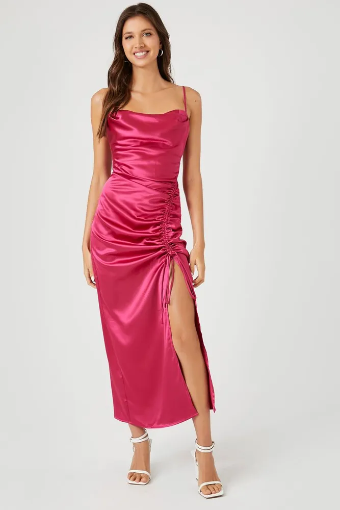 Women's Satin Ruched Midi Dress