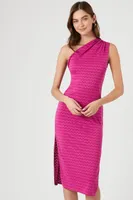 Women's Abstract Print One-Shoulder Midi Dress in Fuchsia Large