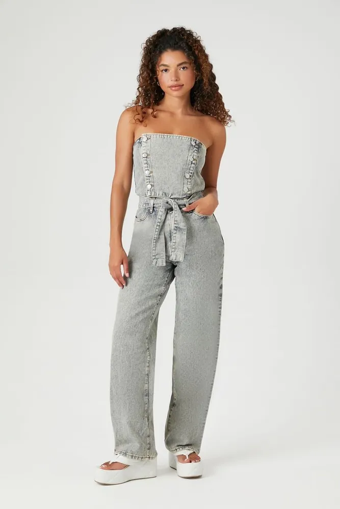 Women's Strapless Straight-Leg Denim Jumpsuit in Light Denim Small