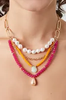 Women's Beaded Faux Pearl Necklace in Gold/Pink