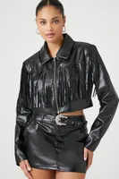 Women's Cropped Fringe Trucker Jacket in Black Small