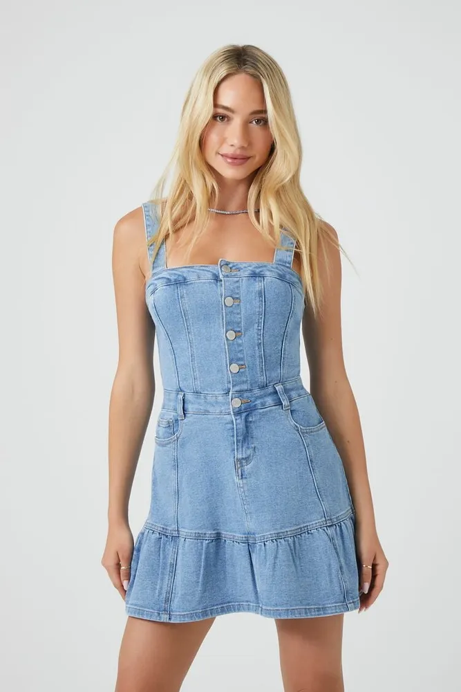 Women's Denim Fit & Flare Mini Dress in Light Denim Large