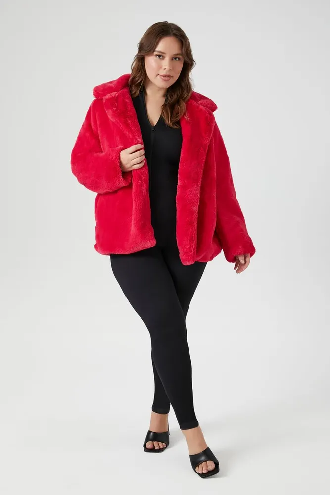 Women's Notched Faux Fur Coat in Pink, 0X