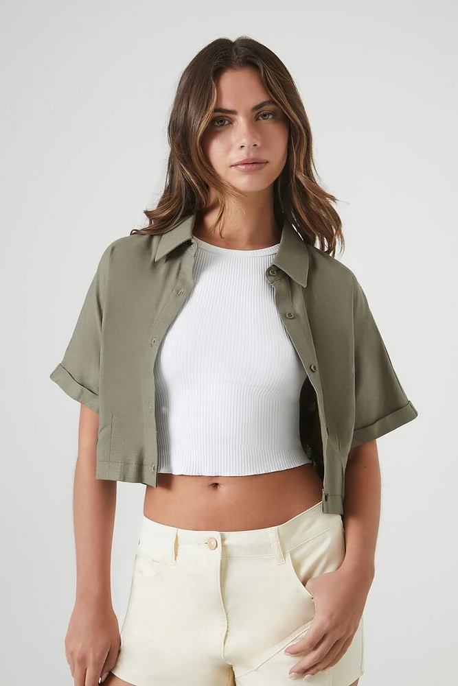 Women's Cropped Button-Up Shirt Light Olive