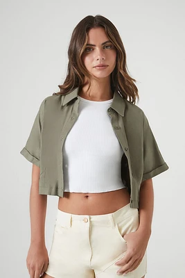 Women's Cropped Button-Up Shirt in Light Olive Medium