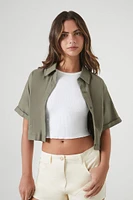 Women's Cropped Button-Up Shirt in Light Olive Medium
