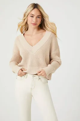 Women's V-Neck Cropped Sweater in Cream, XL