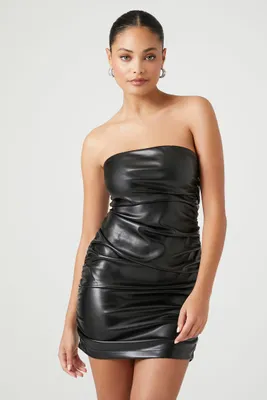 Women's Faux Leather Tube Mini Dress in Black Small