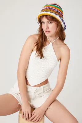 Women's Sweater-Knit Handkerchief Halter Top in White Large