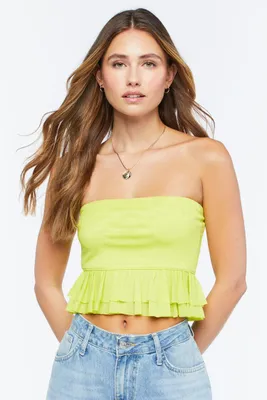 Women's Mesh Ruffled Cropped Tube Top in Acid Green Large