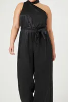 Women's Satin One-Shoulder Jumpsuit in Black, 2X