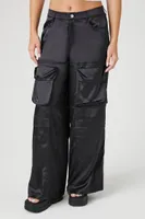 Women's Satin Wide-Leg Cargo Pants in Black Medium