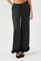 Women's Satin Faux Fur-Trim Pants in Black Medium