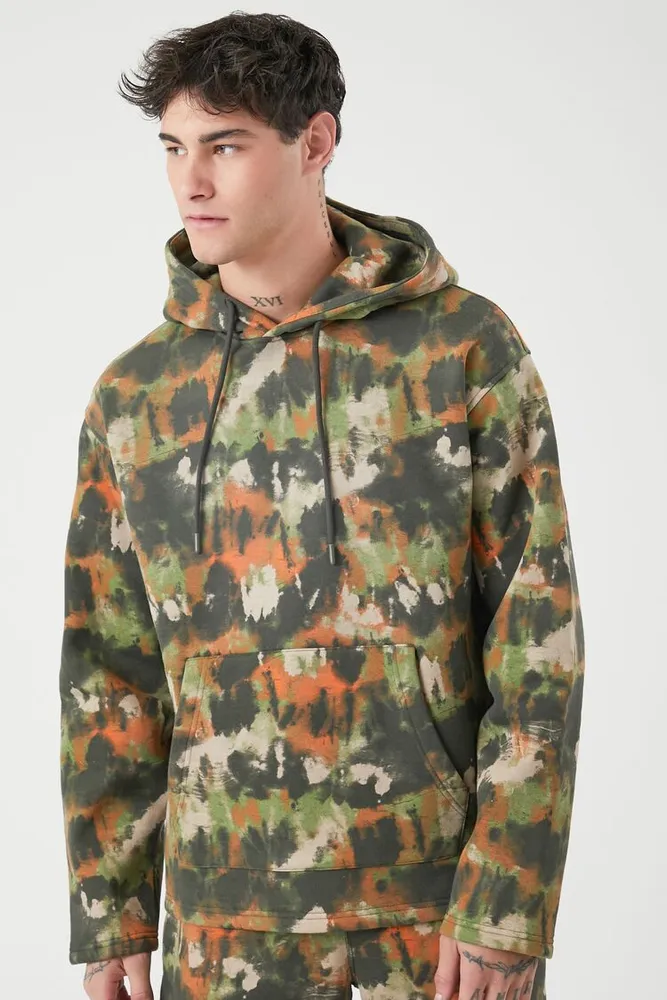 Men Abstract Print Drawstring Hoodie in Light Olive Large