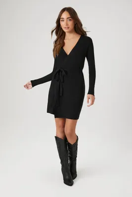 Women's Sweater Mini Wrap Dress in Black, XS