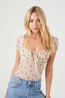 Women's Ditsy Floral Print Bodysuit in Ivory/Fuchsia Small