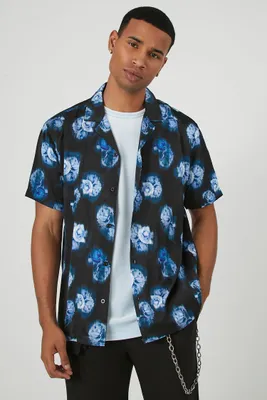 Men Satin Floral Print Shirt in Black, XL