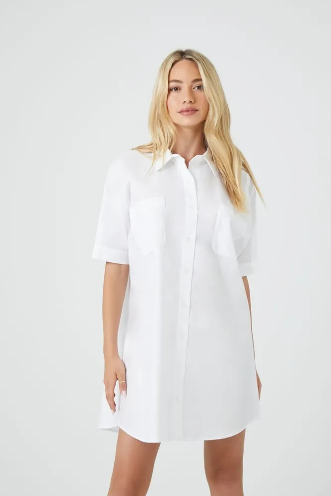 Women's Poplin Mini Shirt Dress in White Small