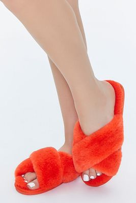 Women's Plush Open-Toe Crisscross Slippers in Orange Medium