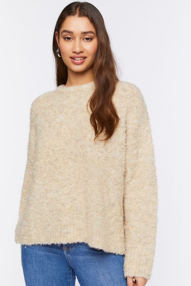 Women's Fuzzy Knit Long Sleeve Sweater in Taupe Small