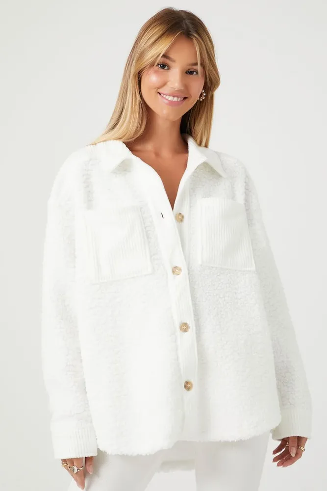 Women's Faux Shearling Button-Front Shacket in Ivory Large