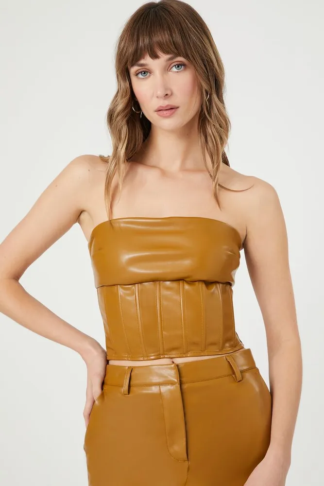 Women's Faux Leather Cropped Tube Top in Cigar Small