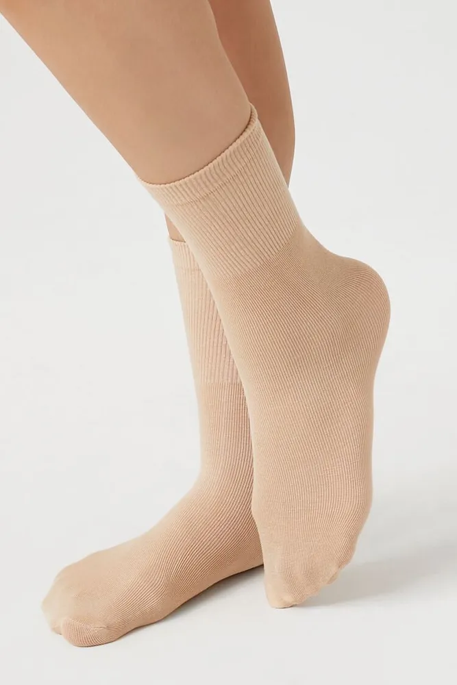 Ribbed-Trim Crew Socks in Tan