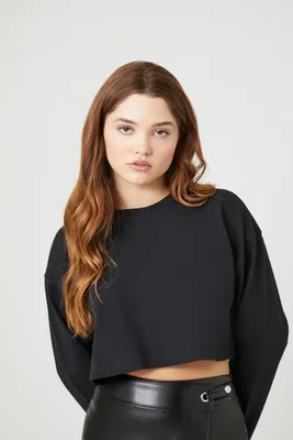 Women's Boxy Long-Sleeve Crop Top in Black Large