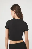 Women's Ribbed Knit Not Shy Cropped T-Shirt in Black/Pink Small