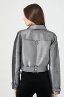 Women's Faux Leather Metallic Moto Jacket in Silver/Black, XS