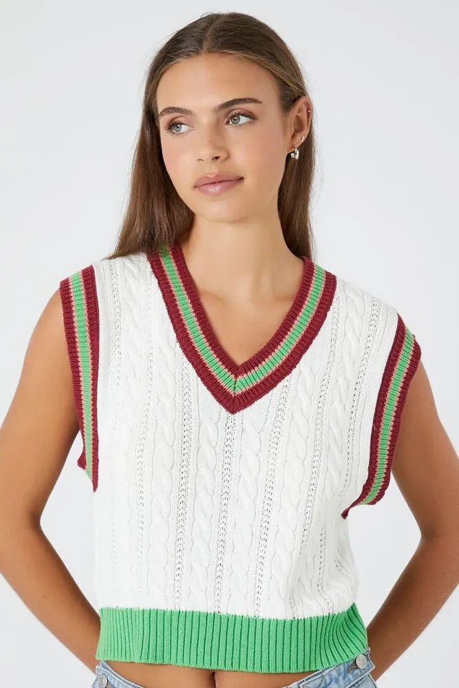 Women's Varsity-Striped Sweater Vest in White Medium