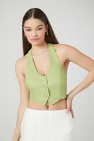 Women's Button-Front Halter Crop Top in Sage Large