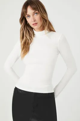 Women's Ribbed Knit Turtleneck Top in White Large