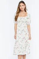 Women's Floral Smocked Puff-Sleeve Midi Dress in Ivory Small