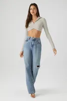 Women's Half-Zip Ribbed Crop Top in Silver Large