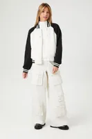 Women's Faux Shearling Varsity Bomber Shacket in Black/White Large