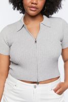 Women's Ribbed Knit Zip-Up Top in Heather Grey, 1X