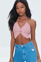 Women's Crochet Butterfly Halter Crop Top in Rose Large