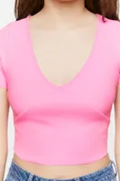 Women's Ribbed V-Neck Crop Top in Pink Large