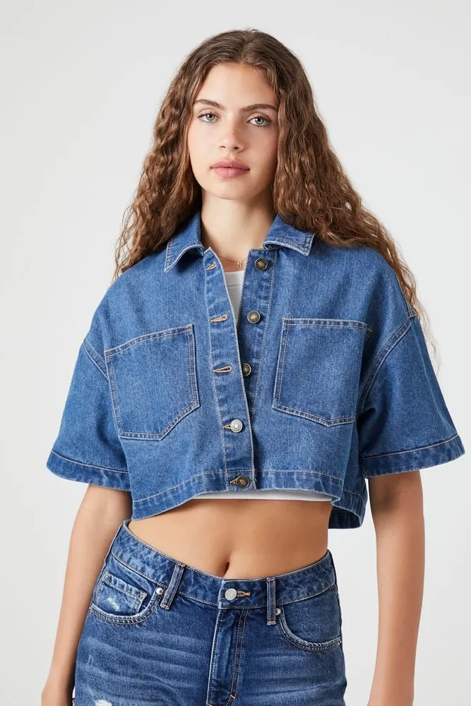 Women's Boxy Cropped Denim Jacket in Medium Denim