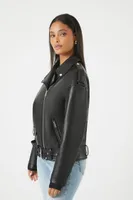 Women's Faux Leather Belted Moto Jacket in Black Medium